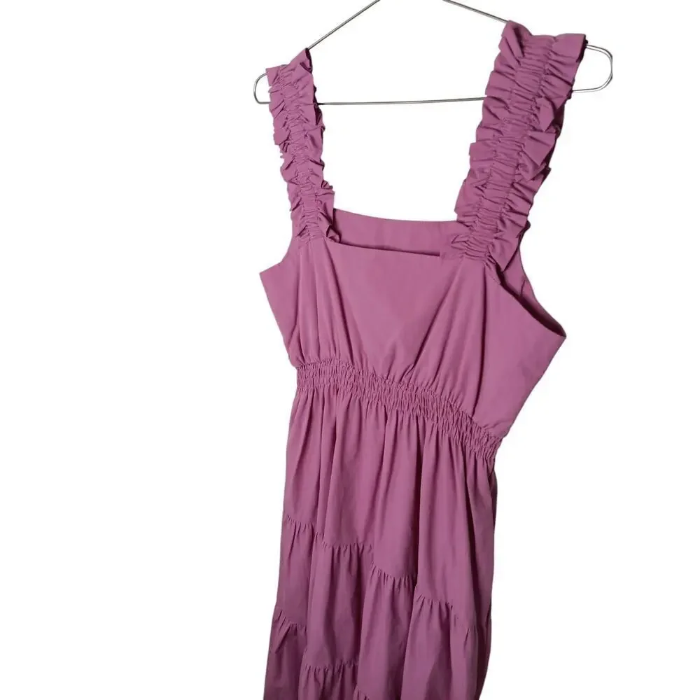 New Easel Los Angeles Tiered Midi Pink Ruffle Strap Pockets Cotton Dress S - Picture 12 of 16